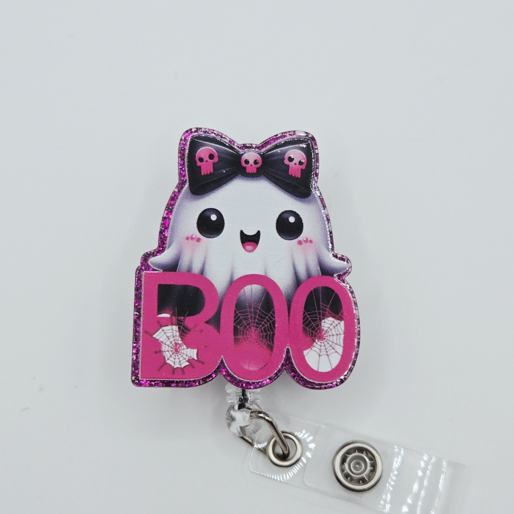 Cute Pink Ghost Boo With Coquette Bow Badge Reel Mix & Match